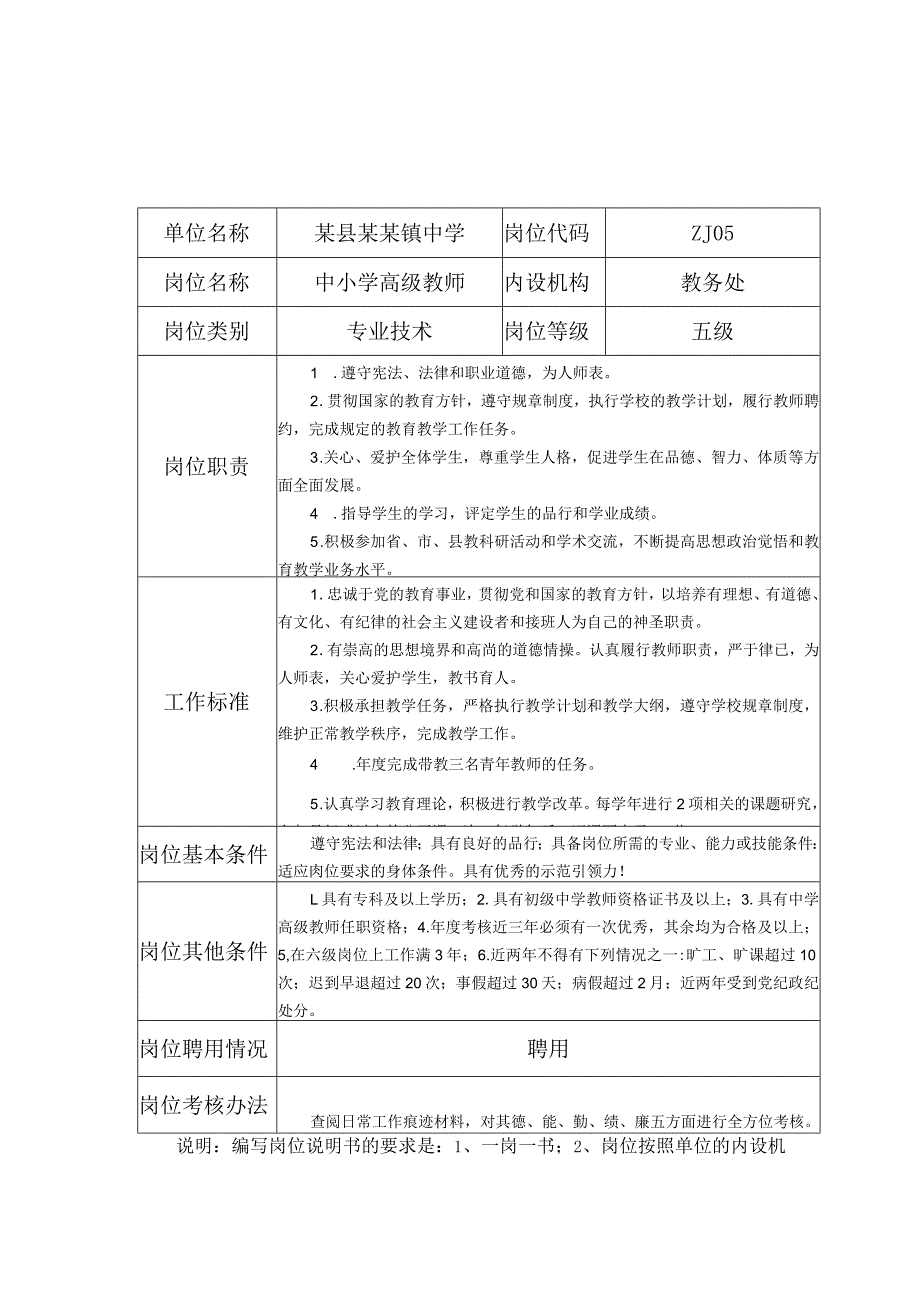 某县某镇中学中小学教师五级至十三级岗位说明书.docx_第1页