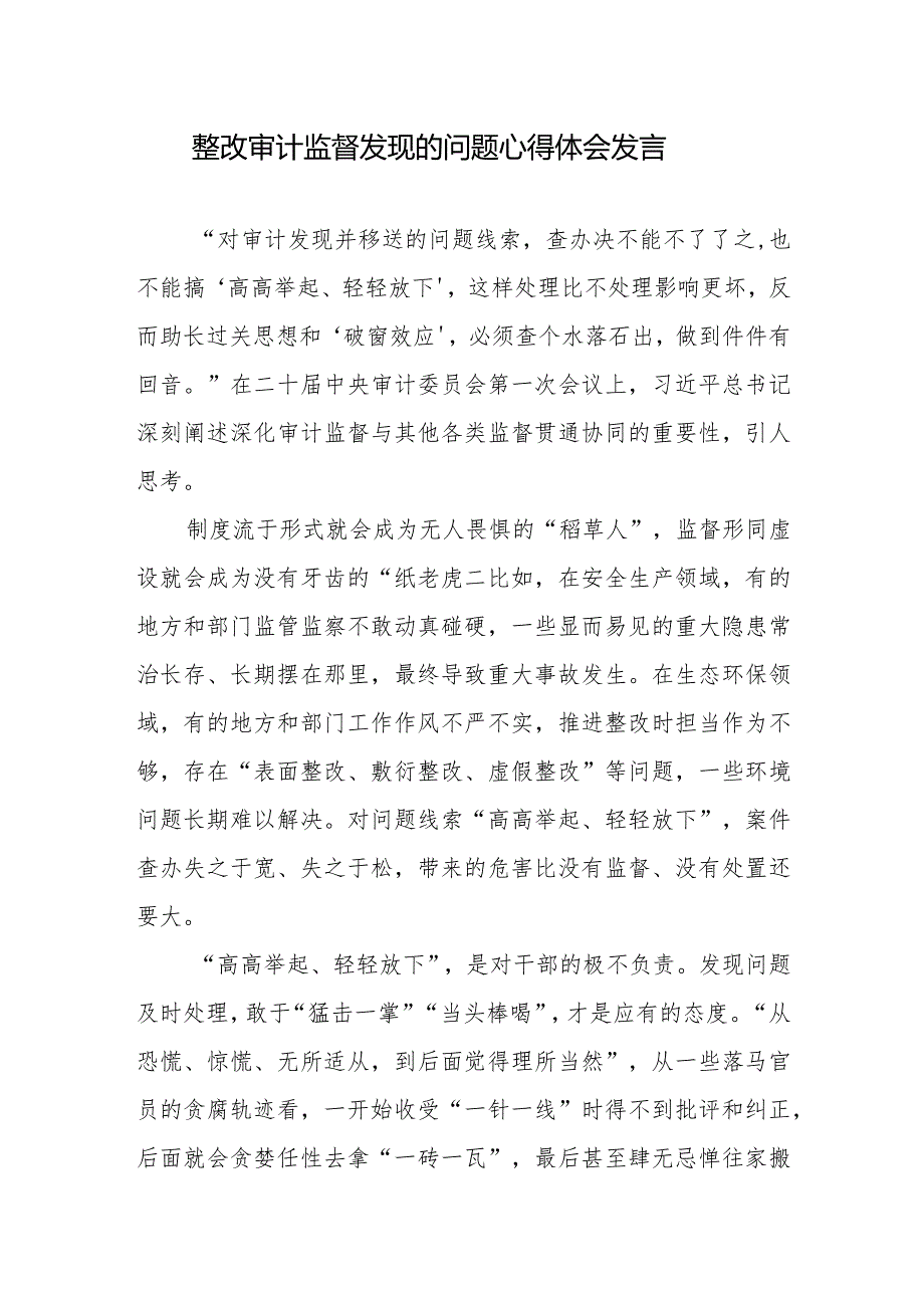 整改审计监督发现的问题心得体会发言.docx_第1页