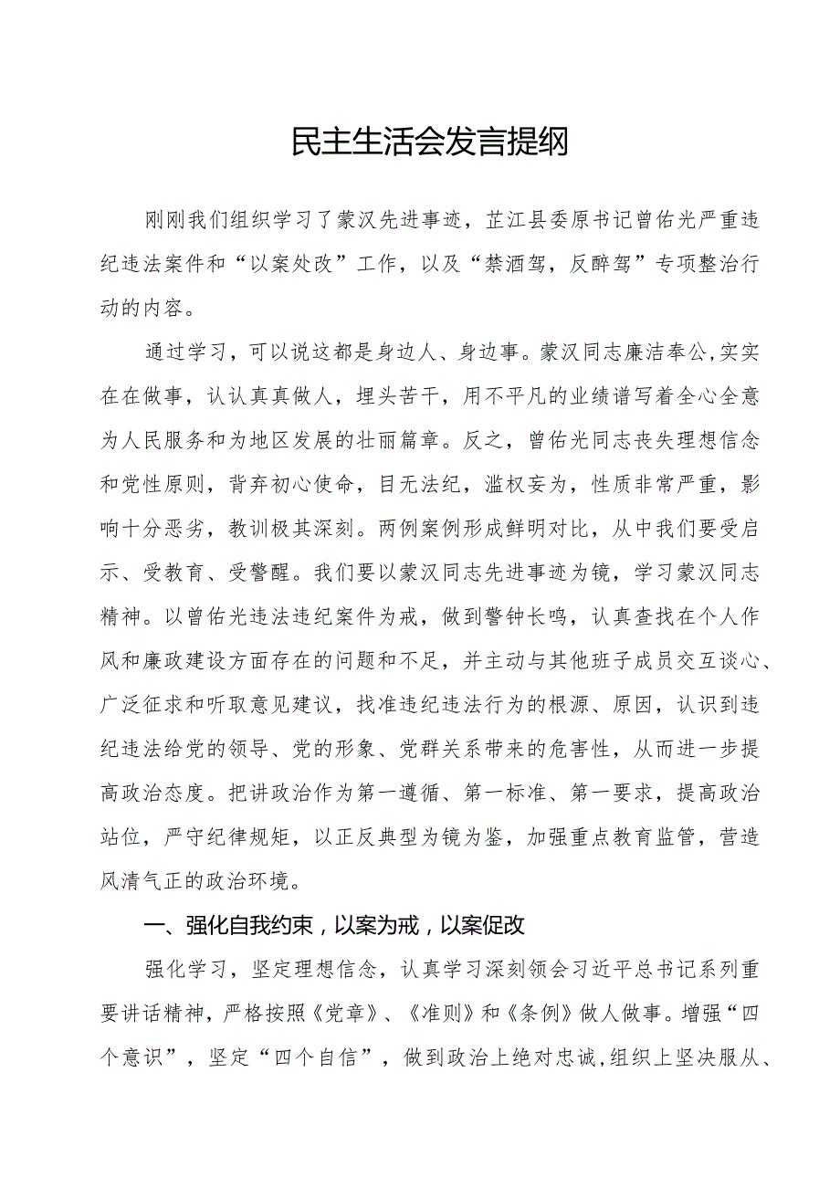 民主生活会发言提纲.docx_第1页