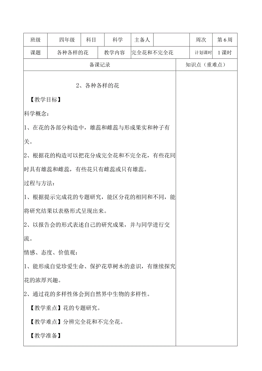 教科版四年级下册科学《2.各种各样的花》教学设计（教案）.docx_第1页