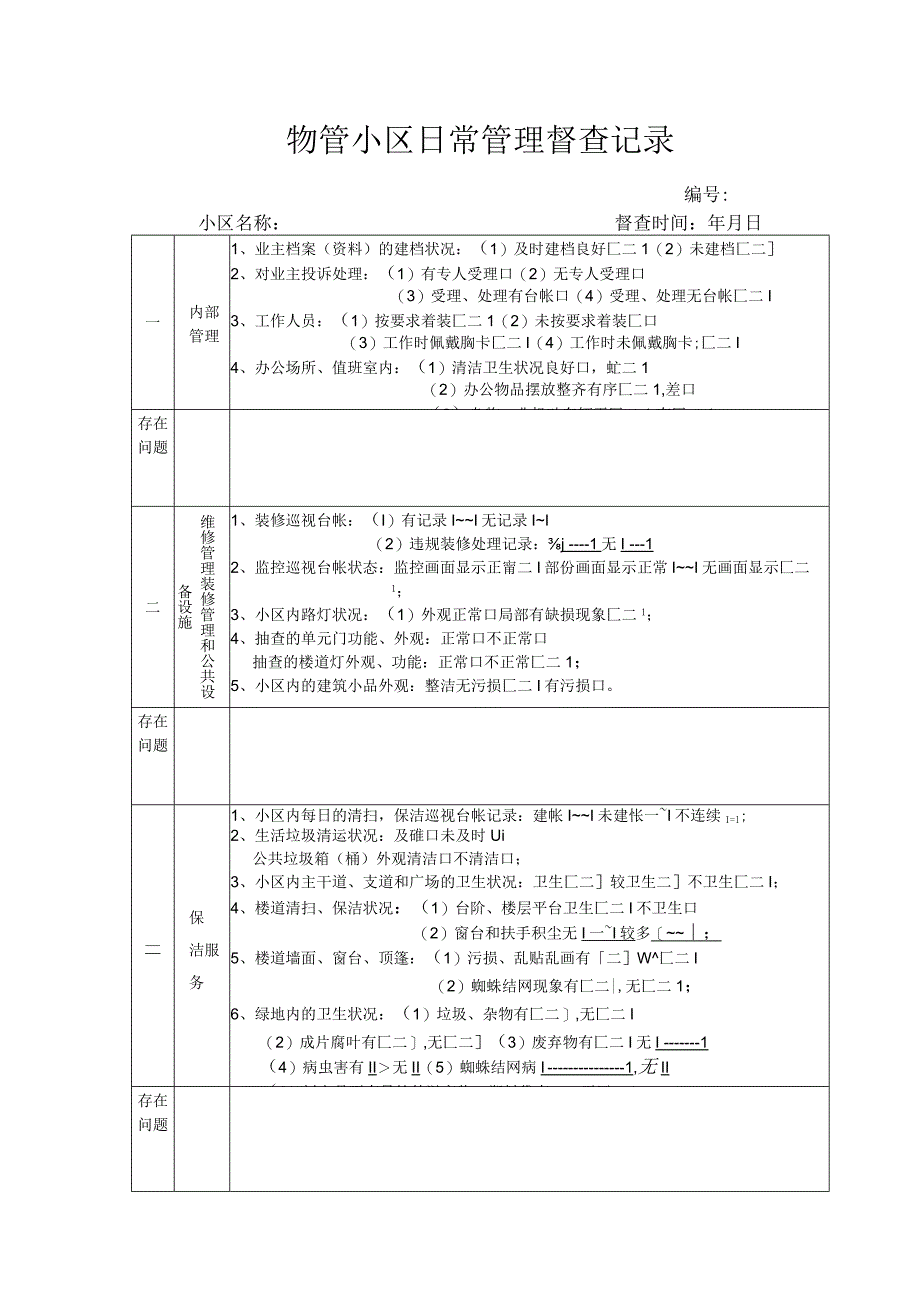 物管小区日常管理督查记录.docx_第1页