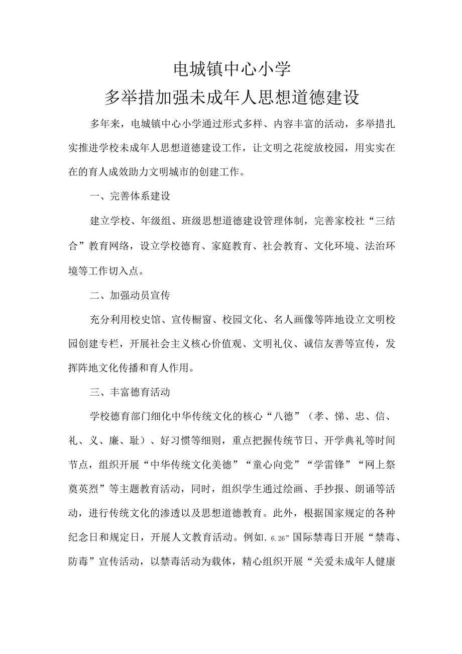 电城镇中心小学未成年人思想道德建设汇报材料.docx_第1页