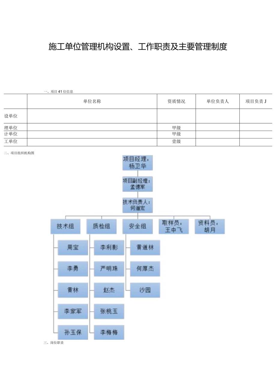 施工单位管理机构设置、工作职责及主要管理制度.docx_第1页