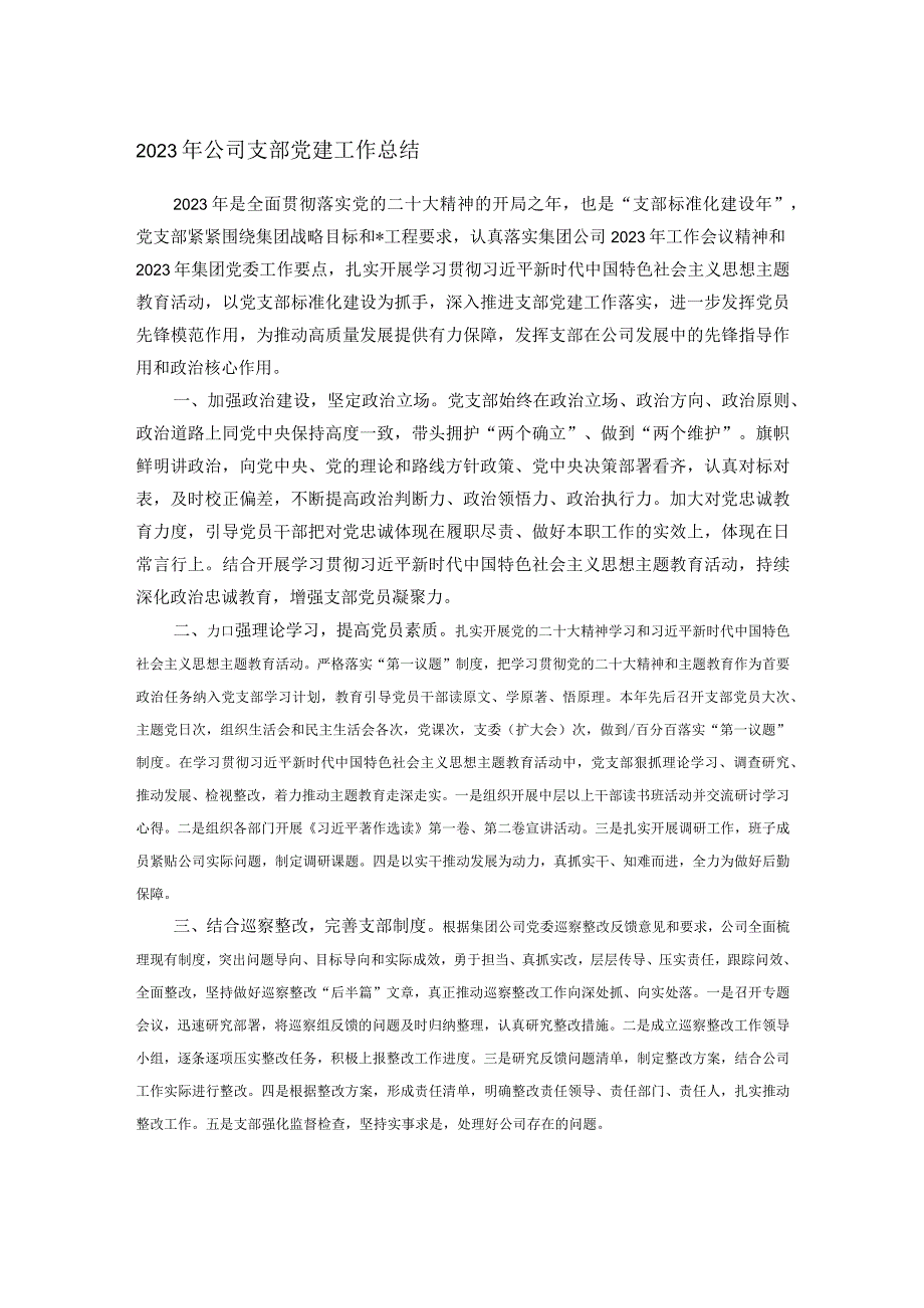 2023年公司支部党建工作总结.docx_第1页