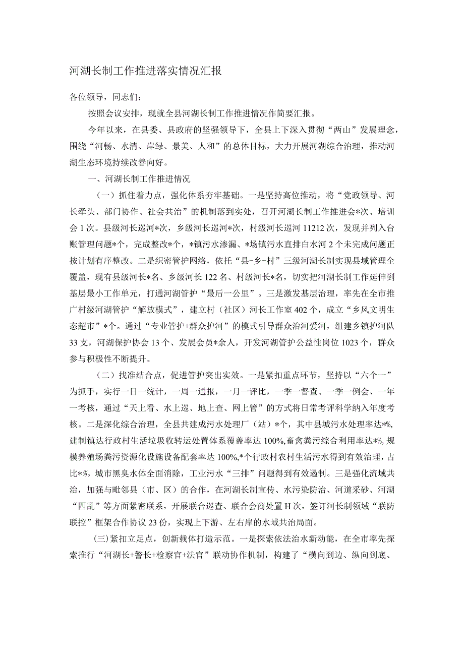 河湖长制工作推进落实情况汇报.docx_第1页