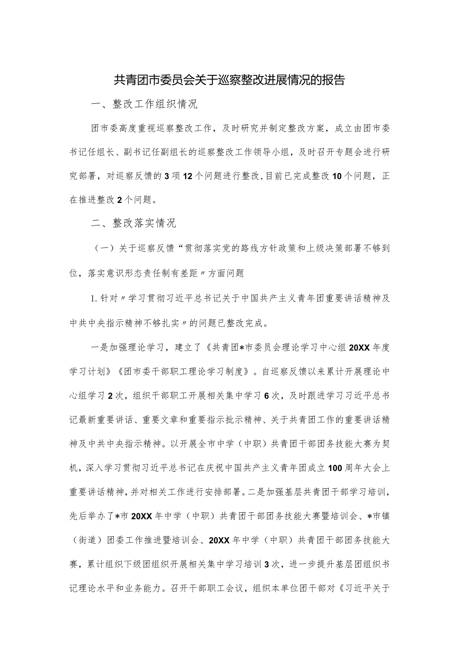 共青团市委员会关于巡察整改进展情况的报告.docx_第1页