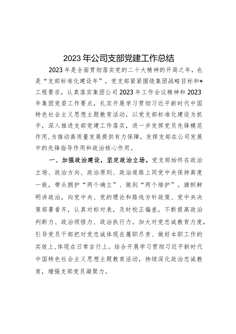 2023年公司支部党建工作总结.docx_第1页