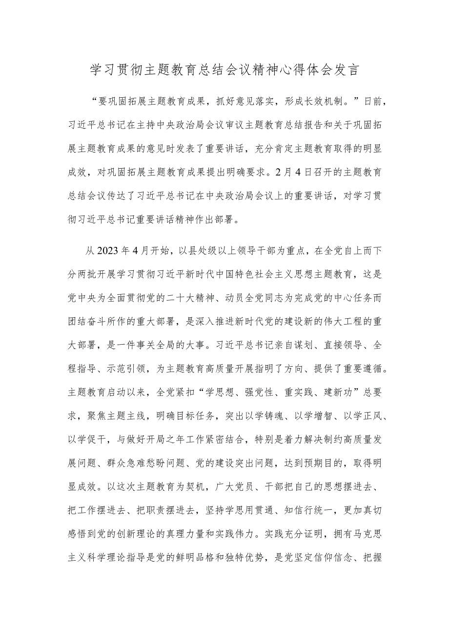 学习贯彻主题教育总结会议精神心得体会发言.docx_第1页