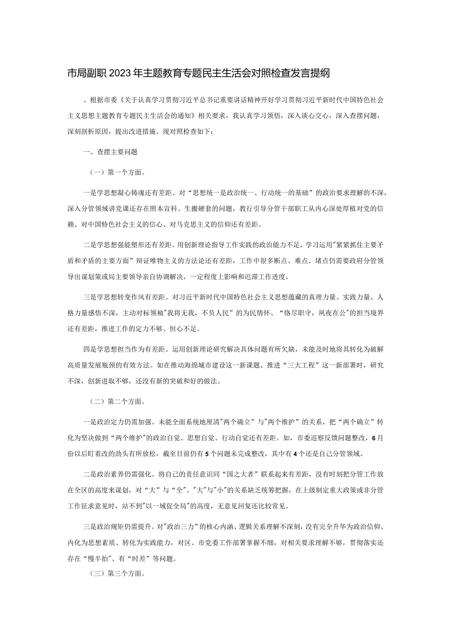 市局副职2023年主题教育专题民主生活会对照检查发言提纲.docx_第1页