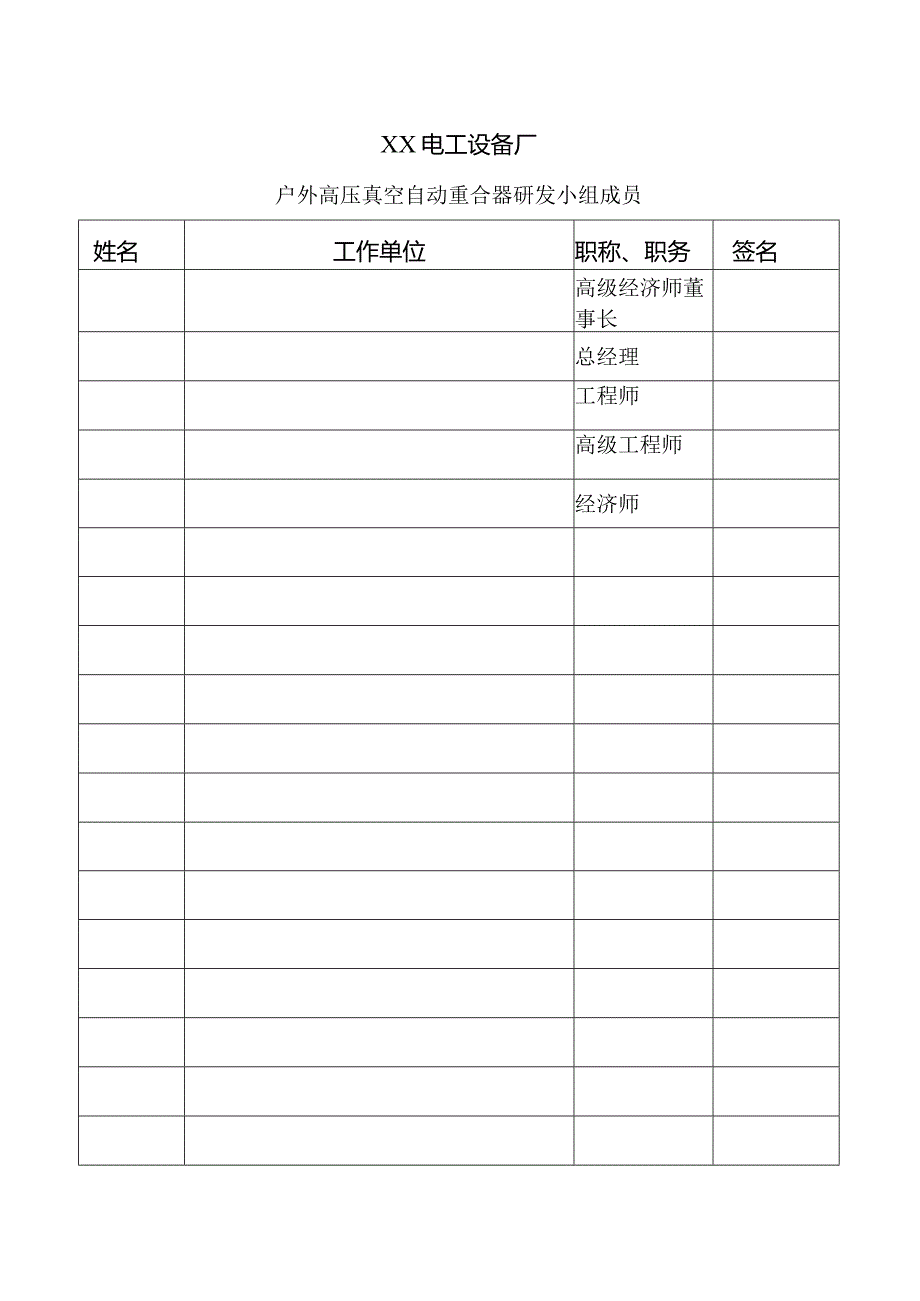 XX电工设备厂户外高压真空自动重合器研发小组成员（2024年）.docx_第1页