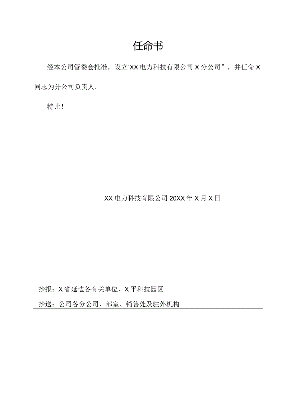 关于成立XX电力科技有限公司X分公司的批复（2024年）.docx_第2页