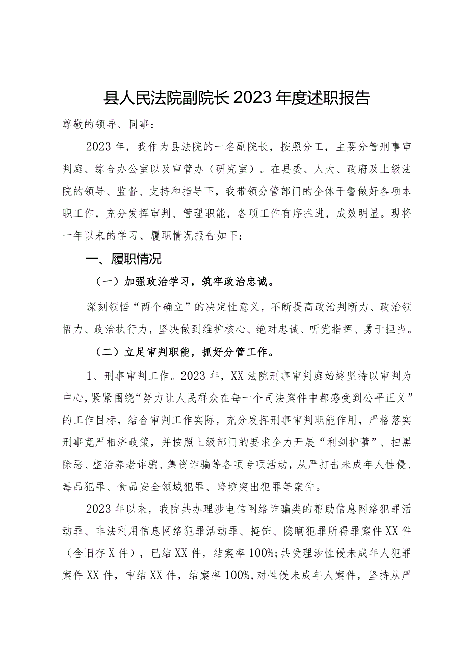 县人民法院副院长2023年度述职报告.docx_第1页