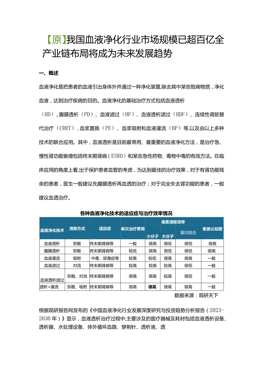 【原】我国血液净化行业市场规模已超百亿 全产业链布局将成为未来发展趋势.docx_第1页