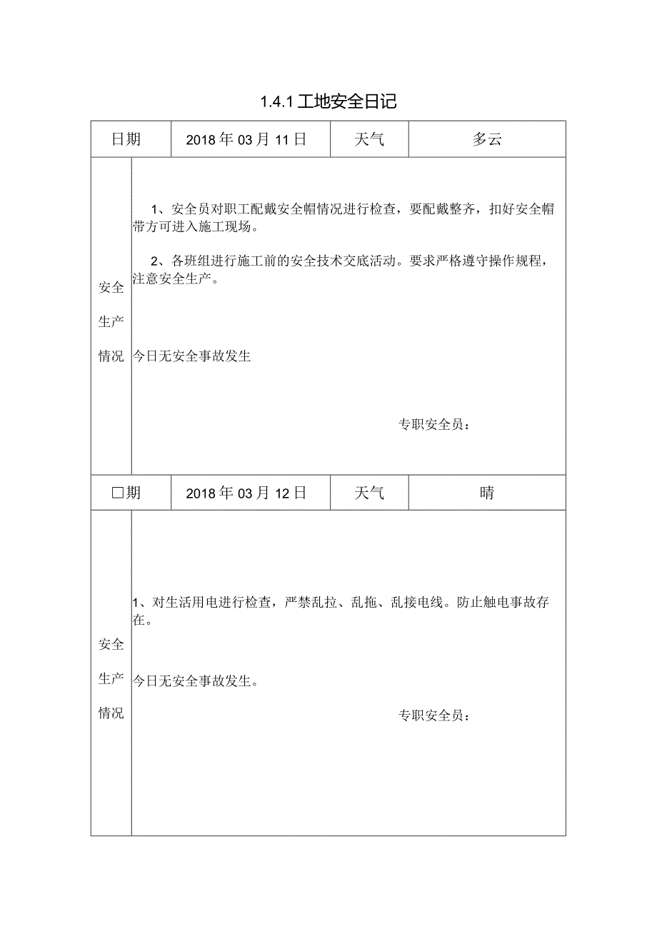 [施工资料]工地安全日记(4).docx_第1页