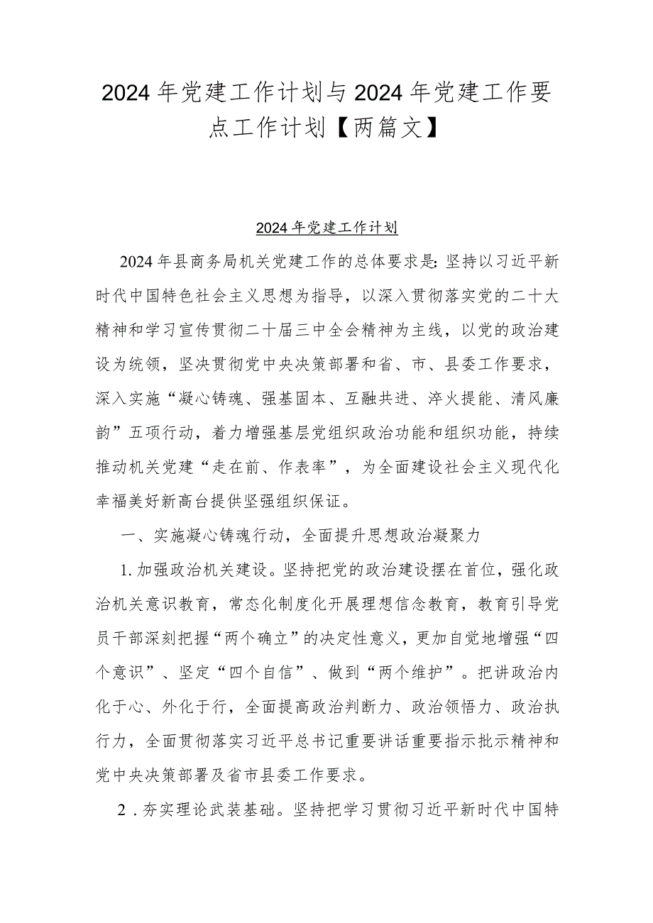 2024年党建工作计划与2024年党建工作要点工作计划【两篇文】.docx_第1页