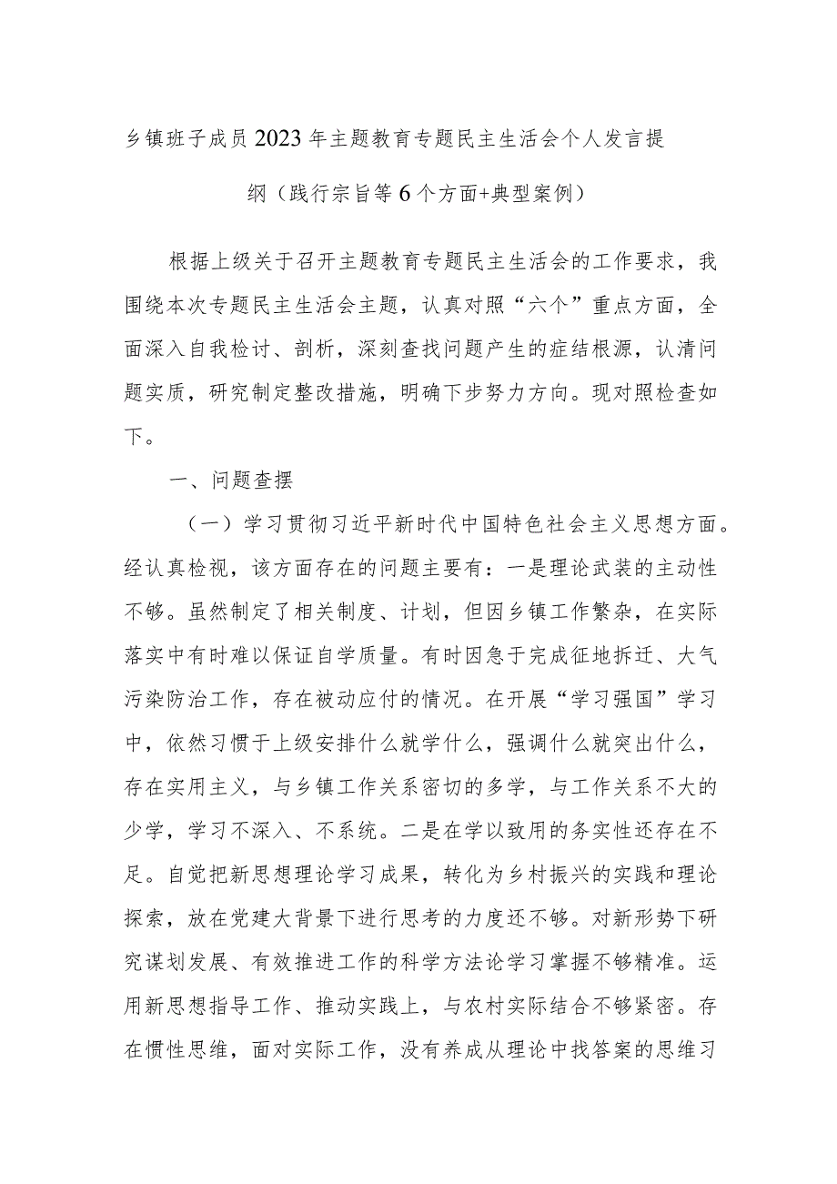 乡镇班子成员2023年主题教育专题民主生活会个人发言提纲（践行宗旨等6个方面+典型案例）.docx_第1页