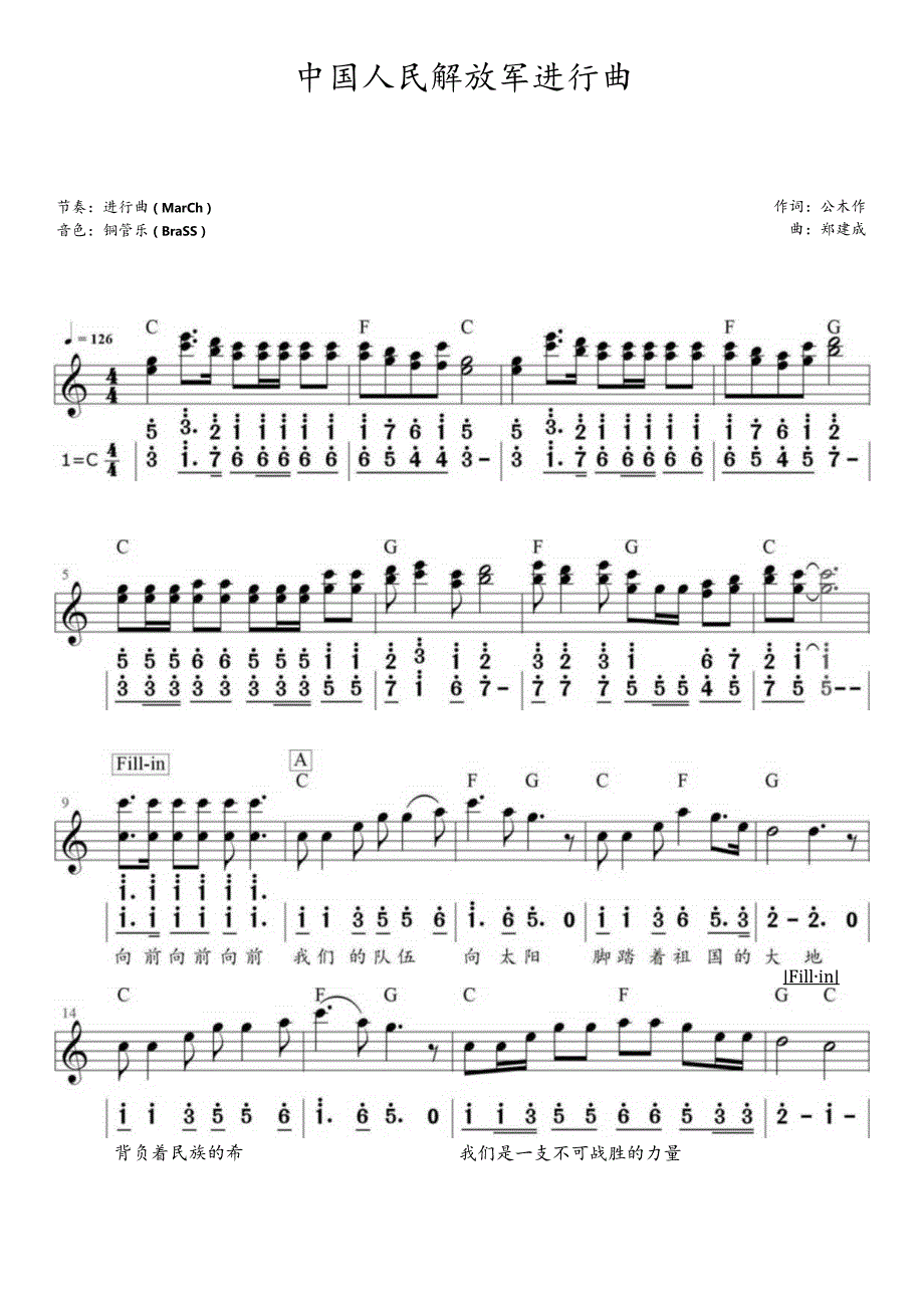 中国人民解放军进行曲（C调电子琴谱）军歌.docx_第1页
