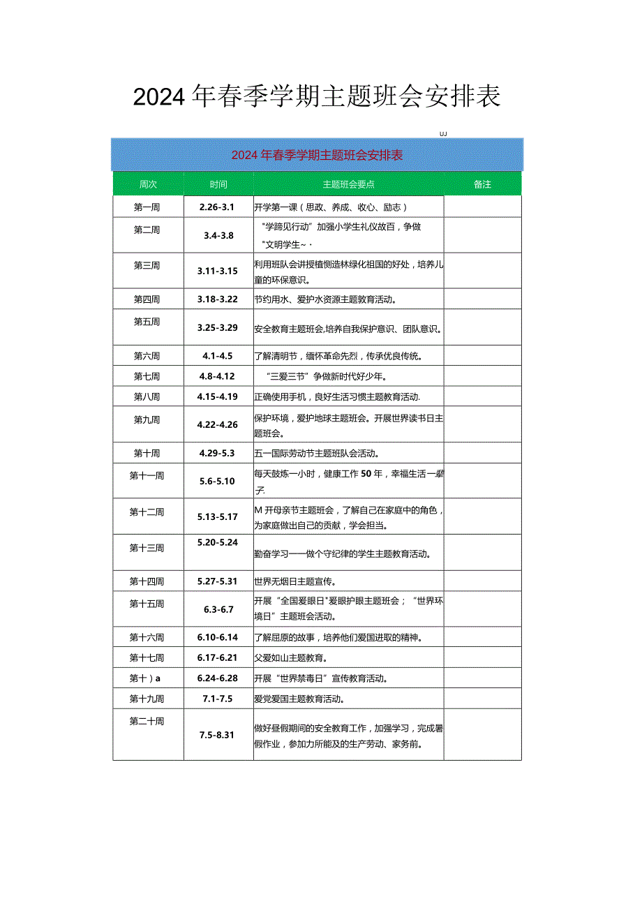 2024年春季学期主题班会安排表.docx_第1页