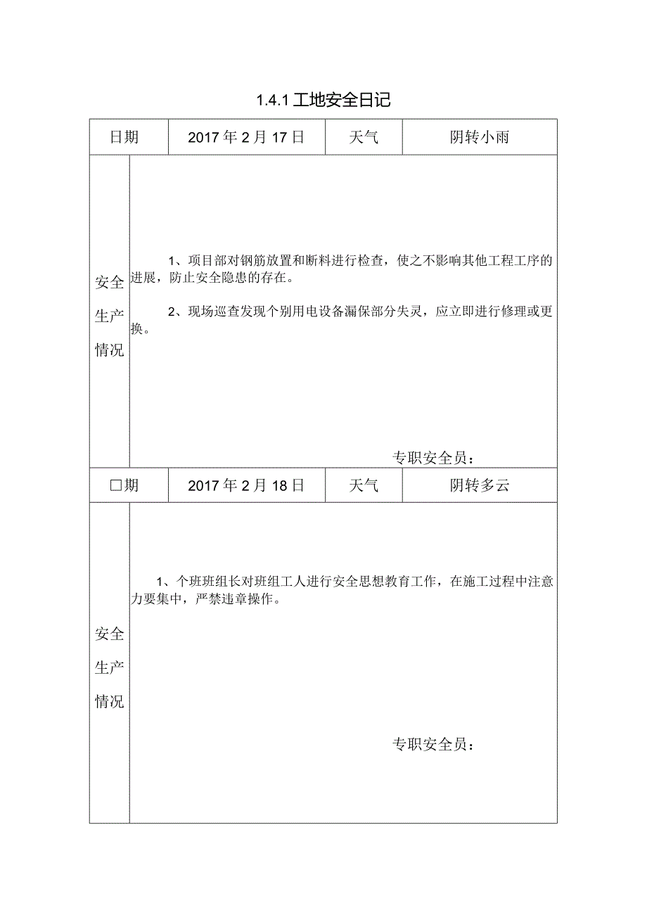 [施工资料]工地安全日记(21).docx_第1页