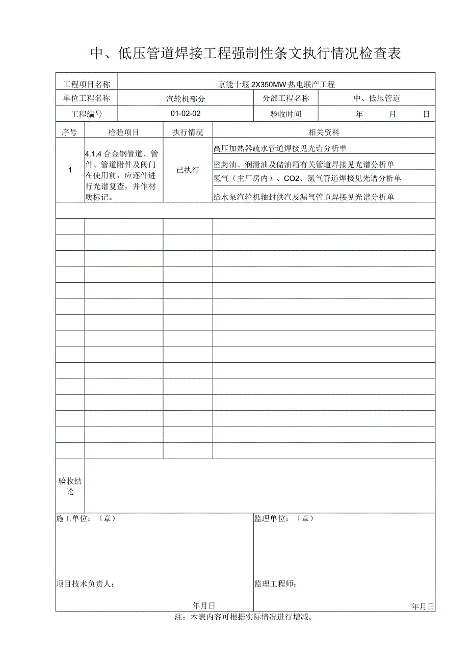 中低压管道焊接工程强制性条文执行情况检查表.docx_第1页