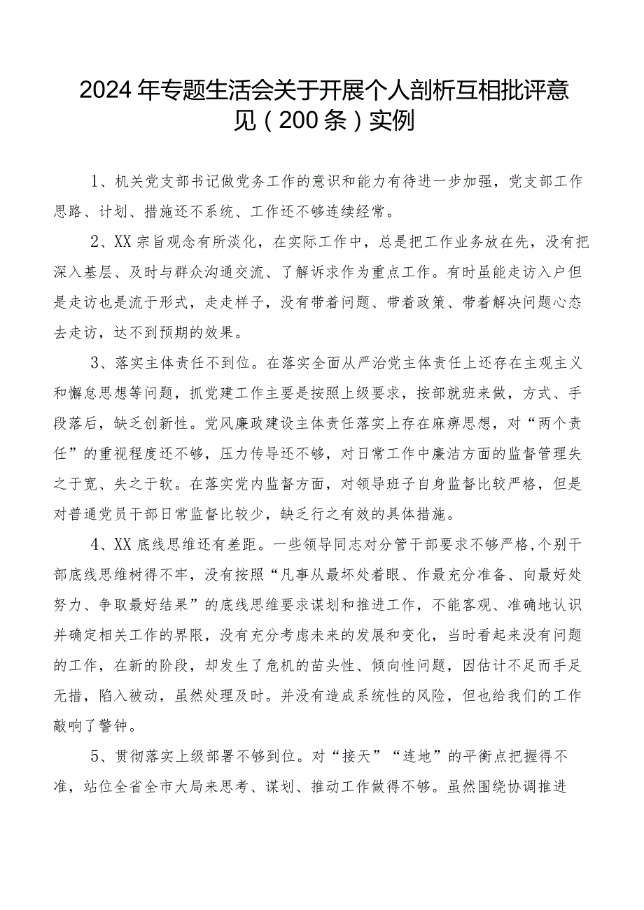 2024年专题生活会关于开展个人剖析互相批评意见（200条）实例.docx_第1页