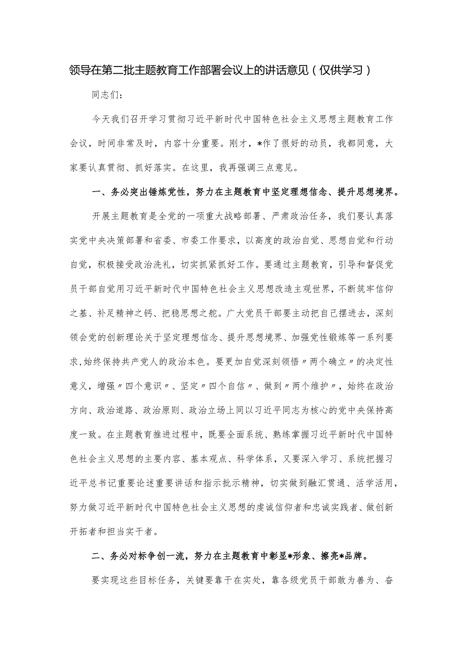 领导在第二批主题教育工作部署会议上的讲话意见.docx_第1页