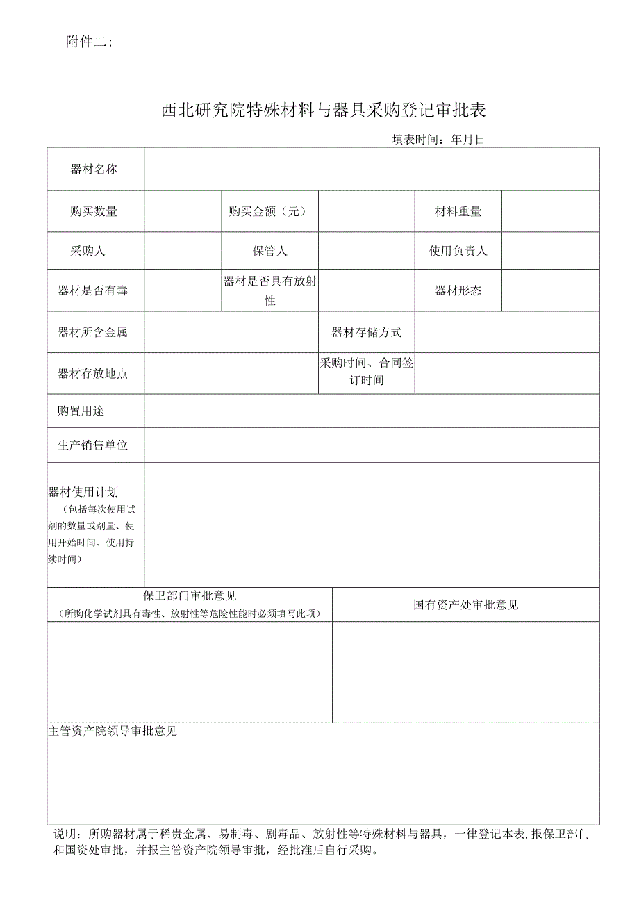 西北研究院特殊材料与器具采购登记审批表.docx_第1页