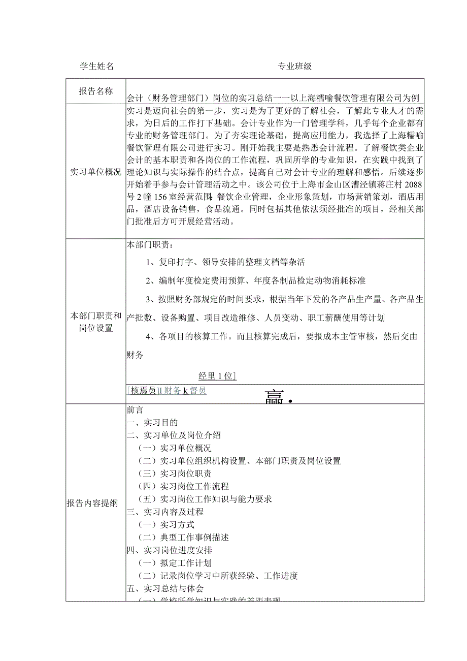 会计（财务管理部门）岗位的实习总结——以上海糯喻餐饮管理有限公司为例开题.docx_第1页