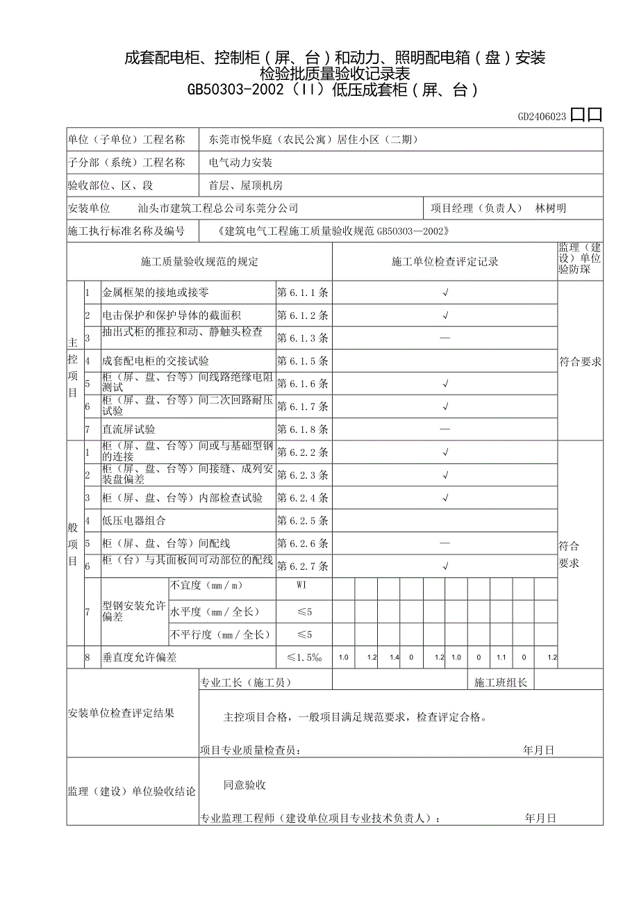 低压配电柜安装检验批验收记录表1#楼.docx_第1页