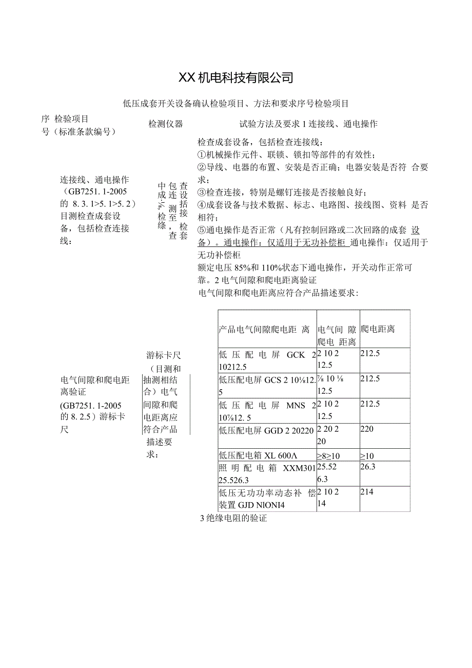 XX机电科技有限公司低压成套开关设备确认检验项目、方法和要求（2024年）.docx_第1页