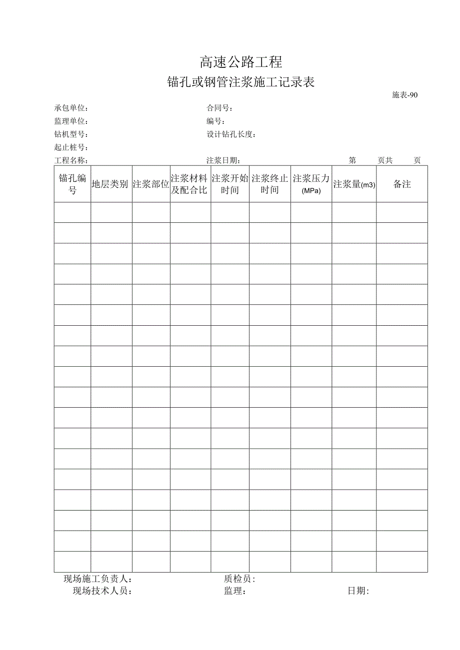 施表-90 锚孔或钢管注浆施工记录表.docx_第1页