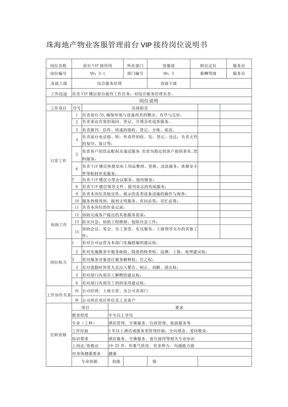 珠海地产物业客服管理前台VIP接待岗位说明书.docx_第1页