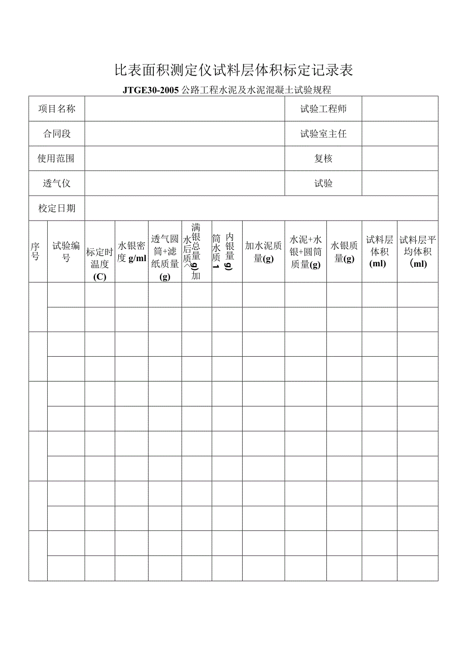 比表面积测定仪试料层体积标定记录表.docx_第1页