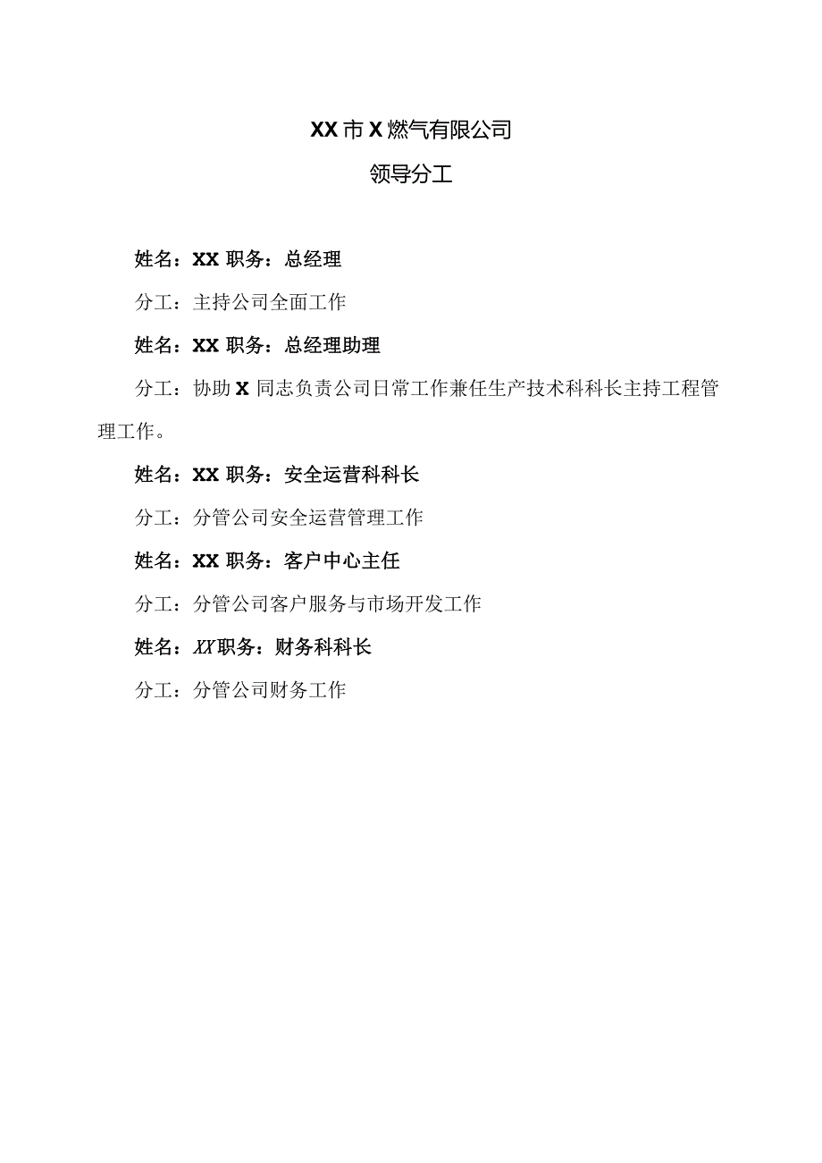 XX市X燃气有限公司领导分工（2024年）.docx_第1页