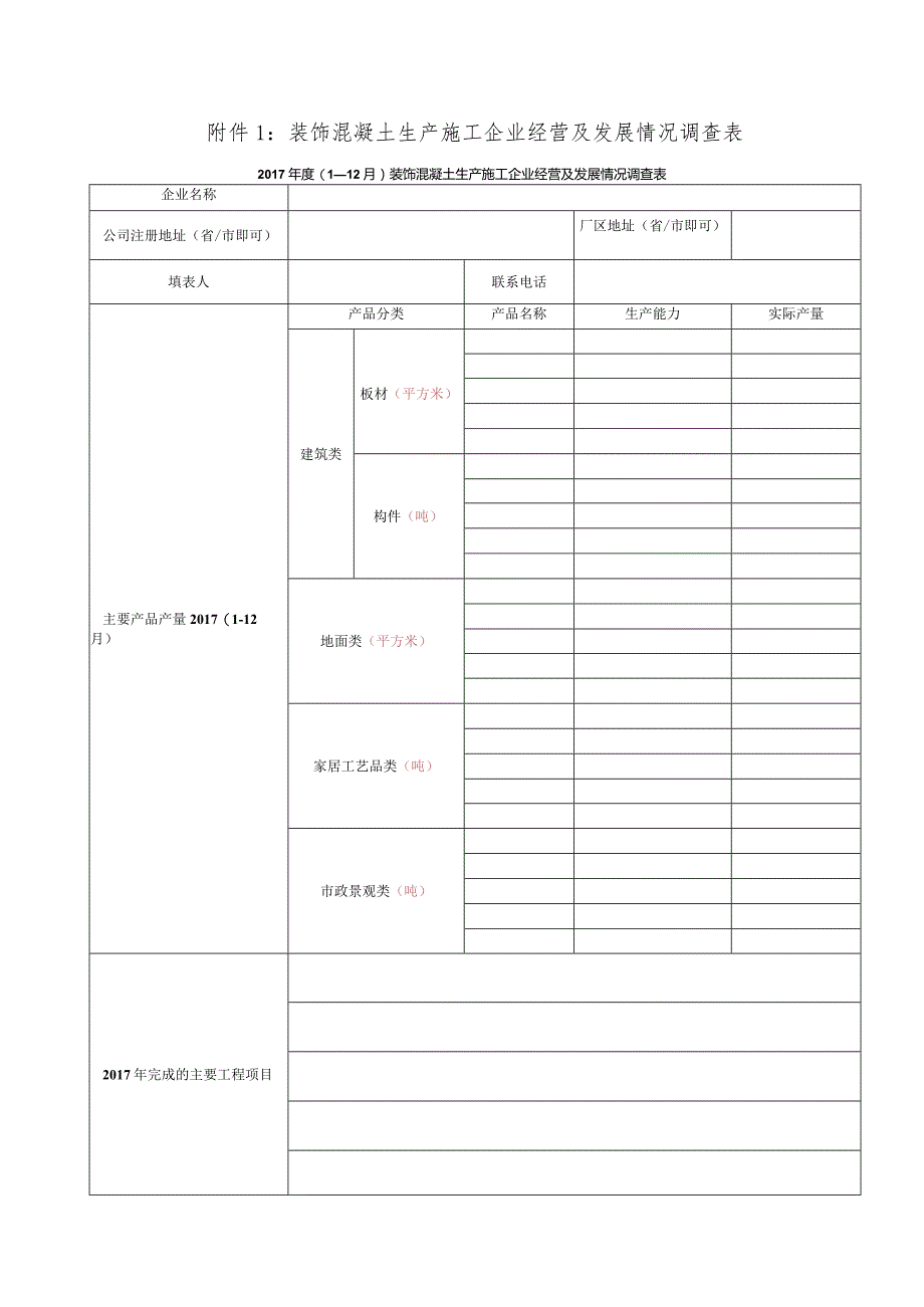 装饰混凝土生产施工企业经营及发展情况调查表.docx_第1页