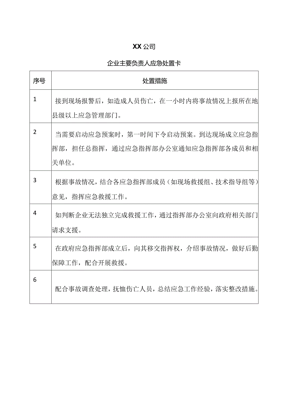 XX公司企业主要负责人应急处置卡（2024年）.docx_第1页