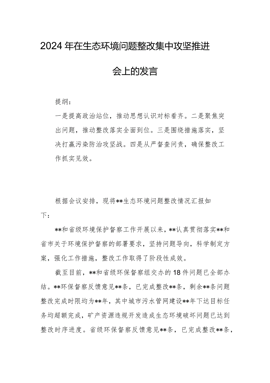 2024年在生态环境问题整改集中攻坚推进会上的发言.docx_第1页