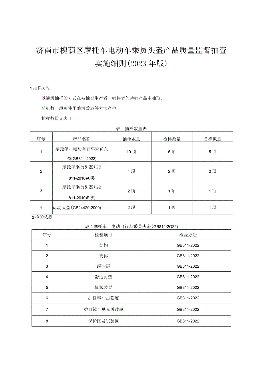 济南市槐荫区摩托车电动车乘员头盔产品质量监督抽查实施细则2023年版.docx_第1页