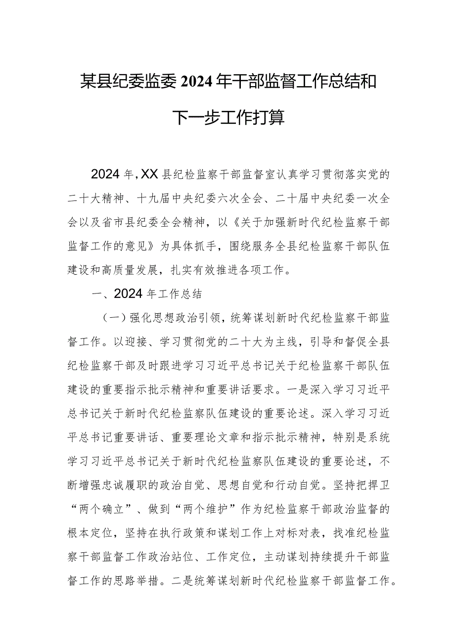 某县纪委监委2024年干部监督工作总结和下一步工作打算.docx_第1页