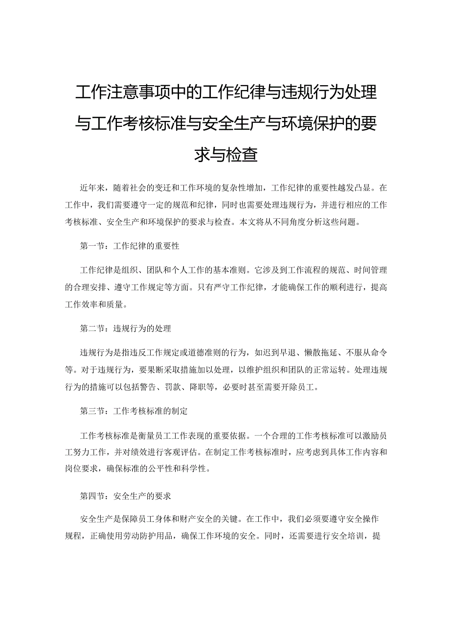 工作注意事项中的工作纪律与违规行为处理与工作考核标准与安全生产与环境保护的要求与检查.docx_第1页