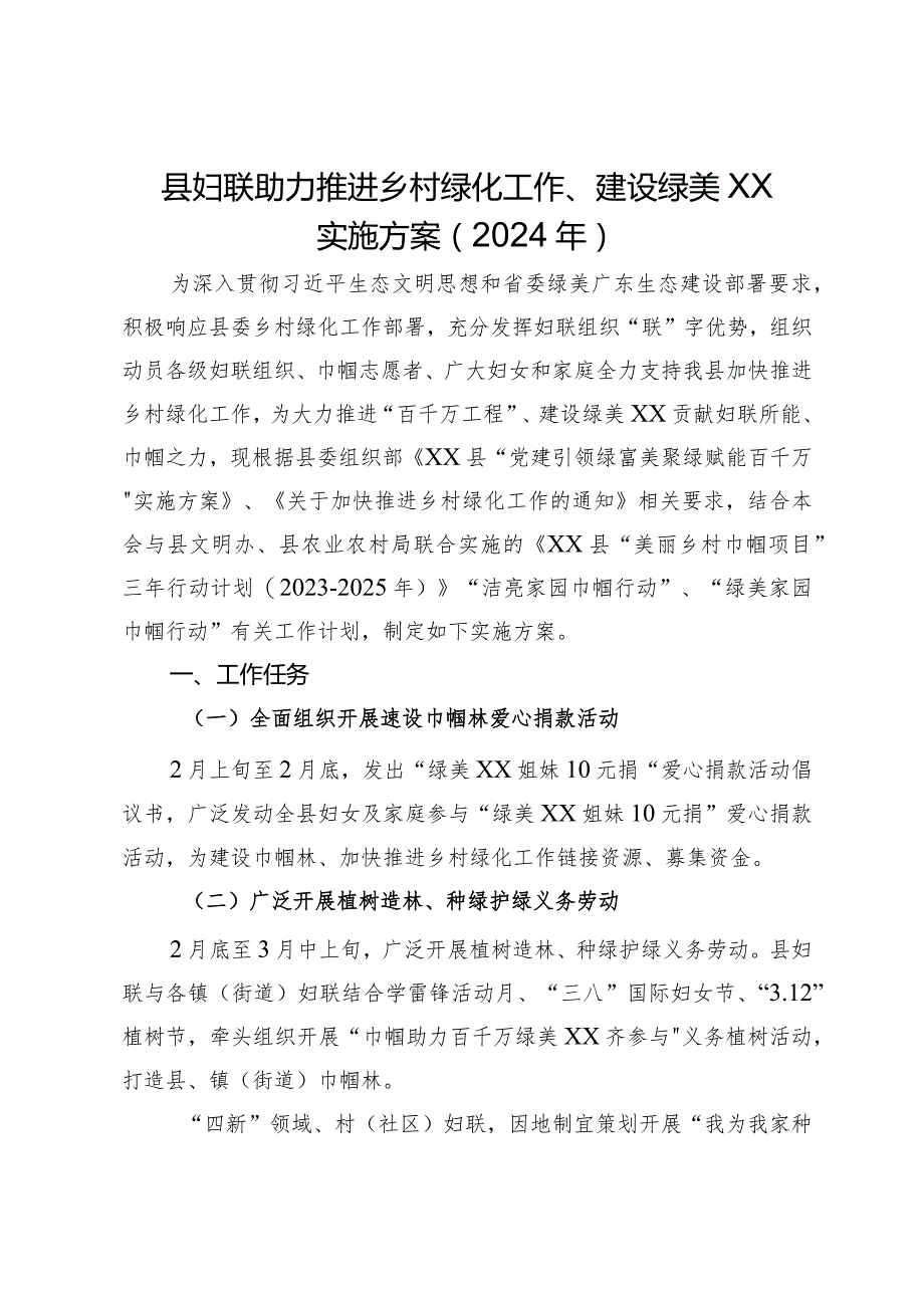 县妇联助力推进乡村绿化工作、建设绿美XX实施方案（2024年）.docx_第1页