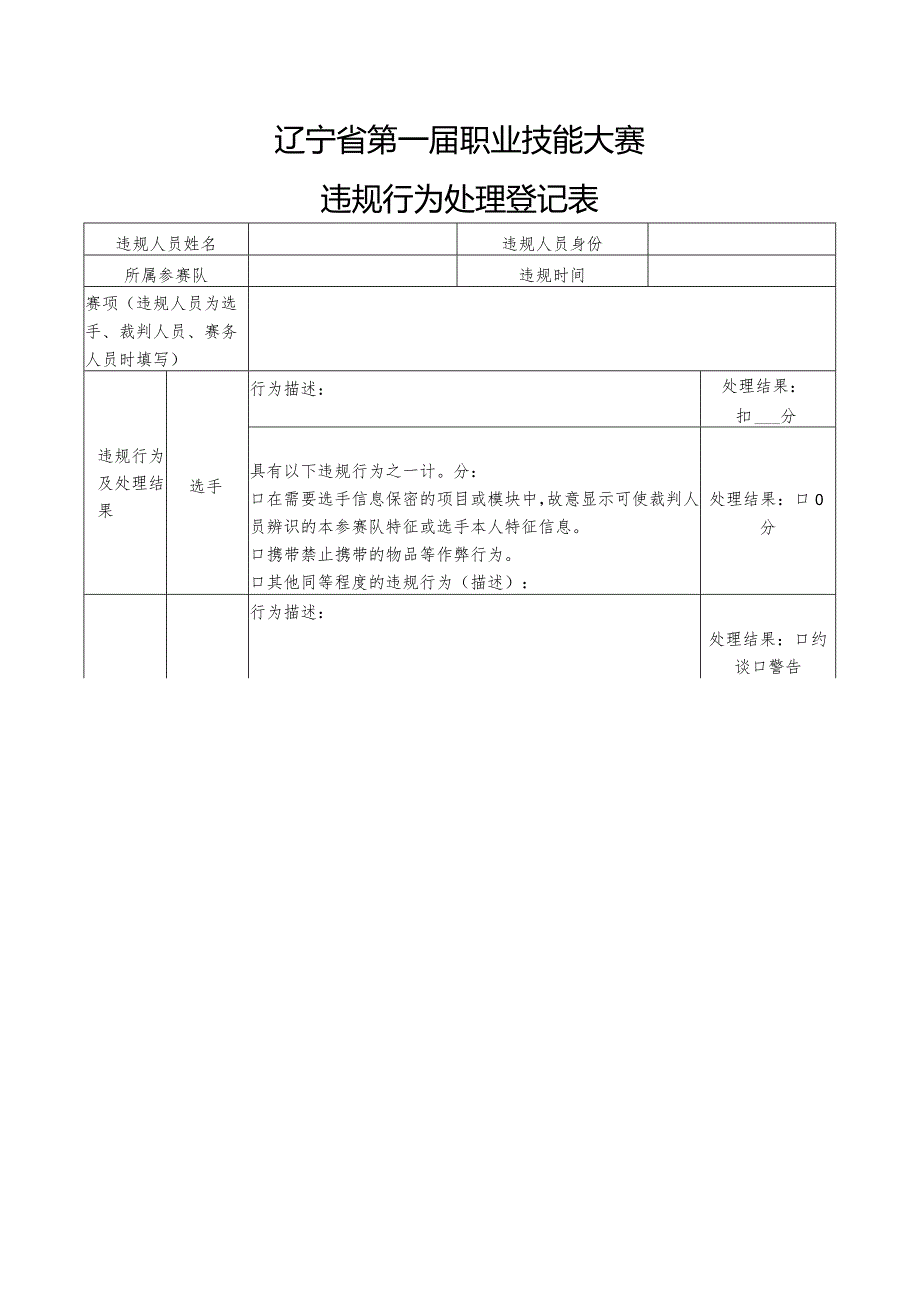 辽宁省第一届职业技能大赛违规行为处理登记表.docx_第1页