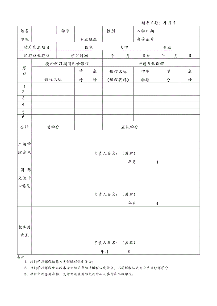 广东XX职业技术学院出国（境）课程学分互认申请表（2024年）.docx_第1页