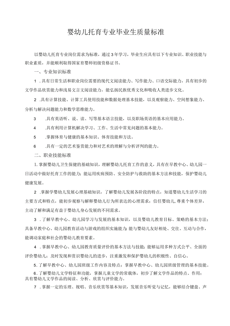 婴幼儿托育专业毕业生质量标准.docx_第1页