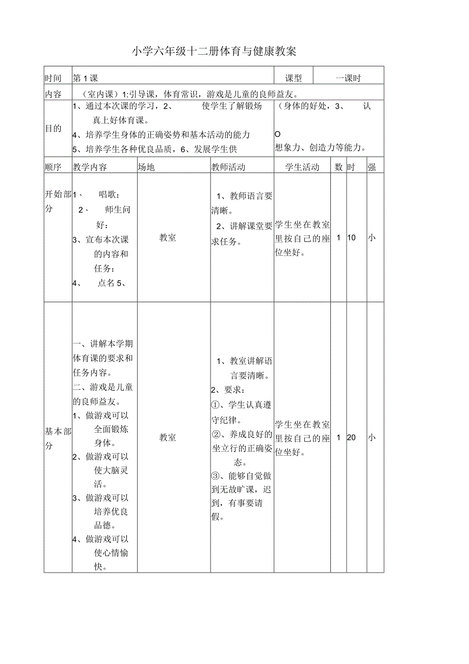 小学六年级十二册体育与健康教案.docx_第1页