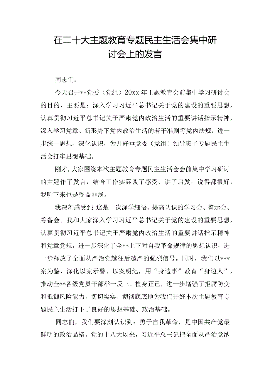 在二十大主题教育专题民主生活会集中研讨会上的发言.docx_第1页