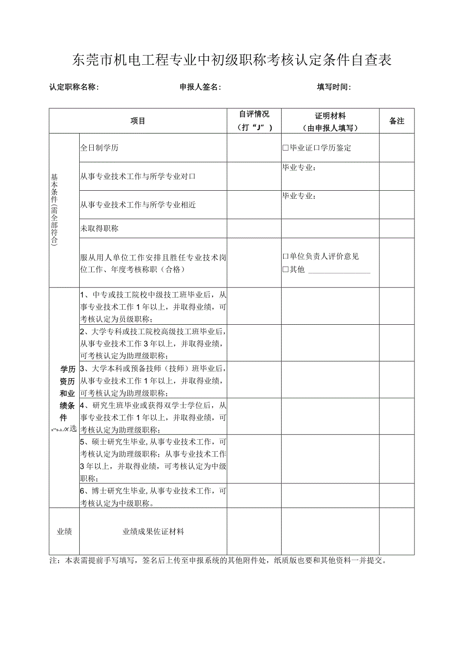 东莞市机电工程专业中初级职称考核认定条件自查表.docx_第1页