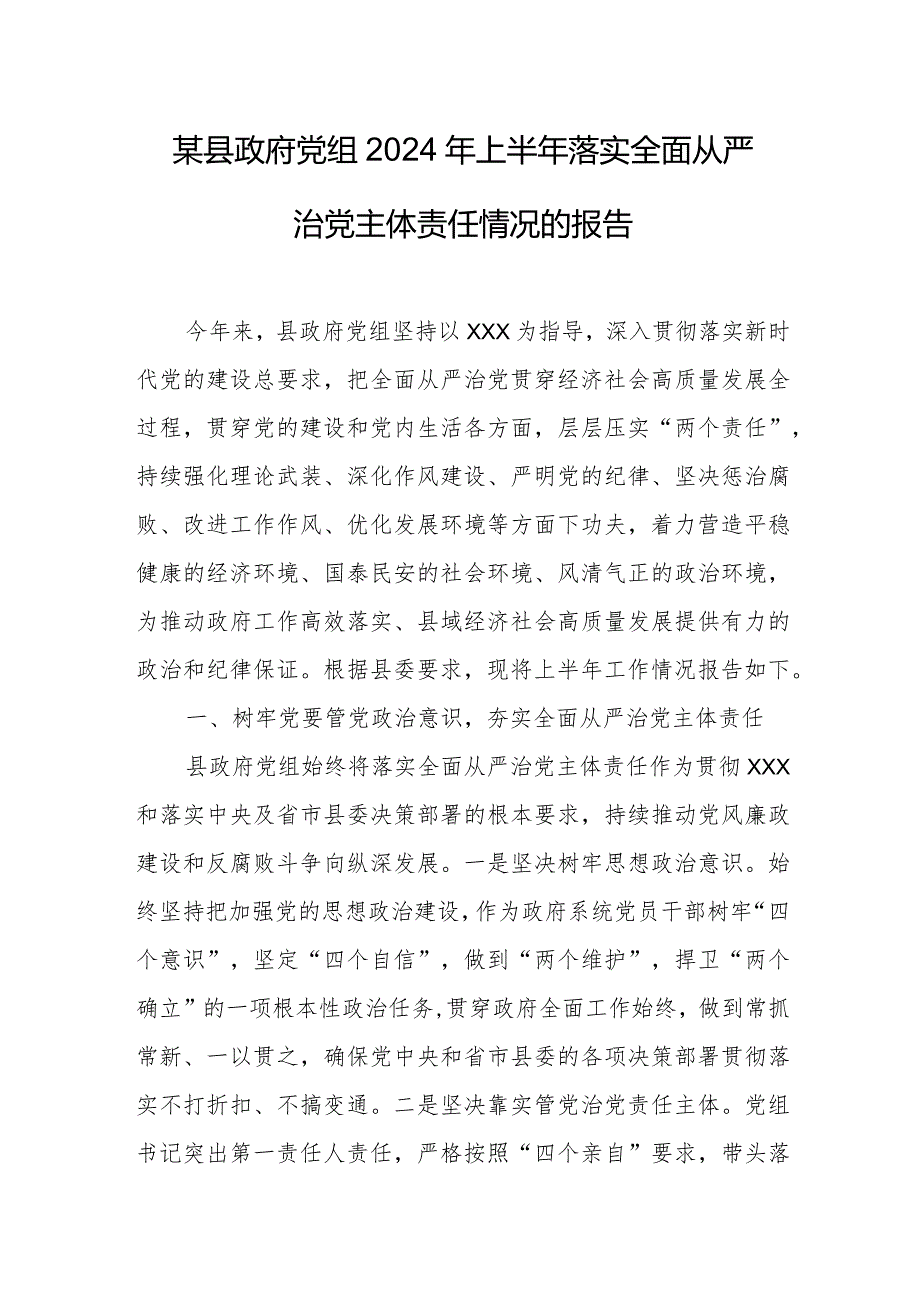 某县政府党组2024年上半年落实全面从严治党主体责任情况的报告3.docx_第1页