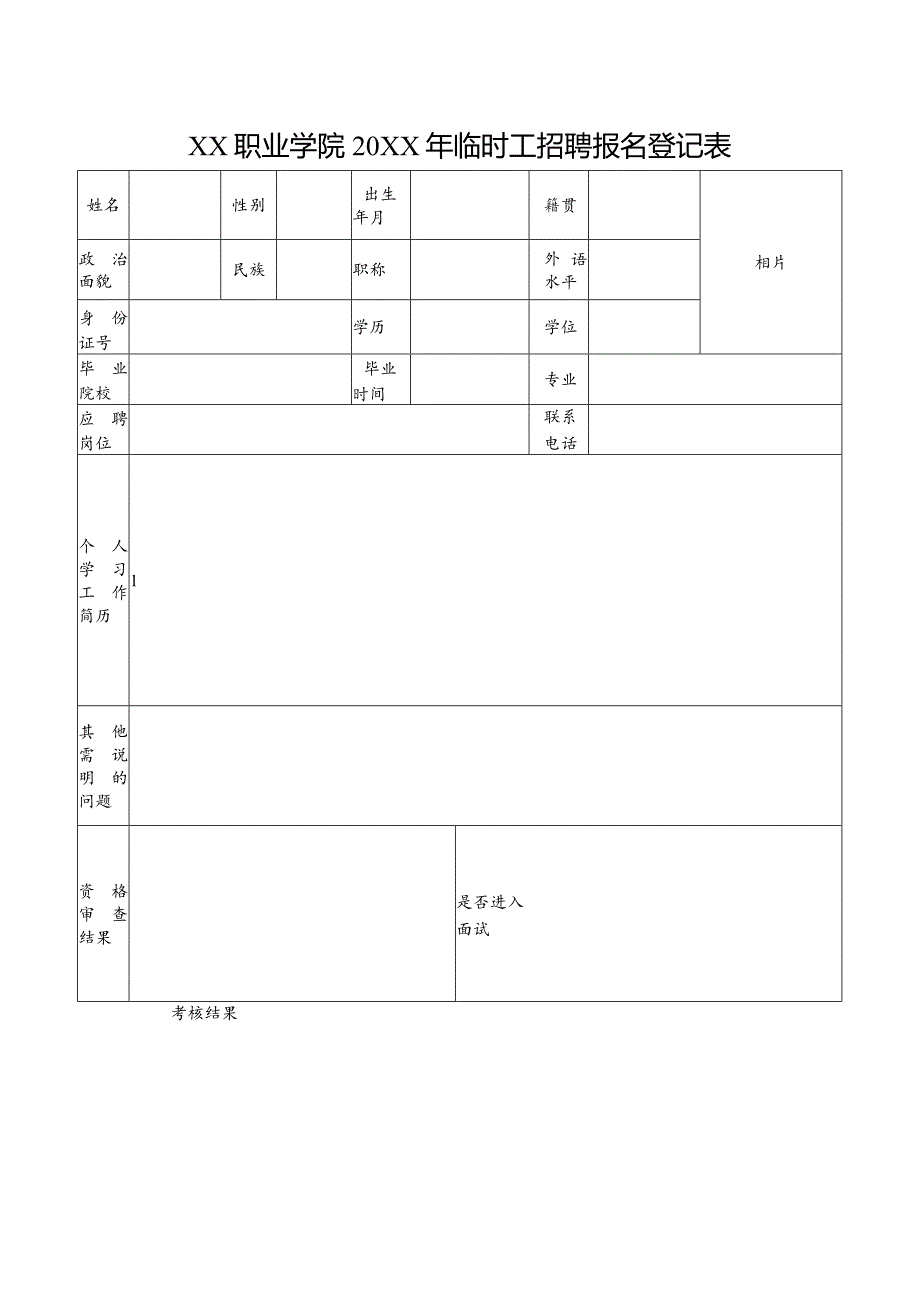 XX职业学院20XX年临时工招聘报名登记表（2024年）.docx_第1页