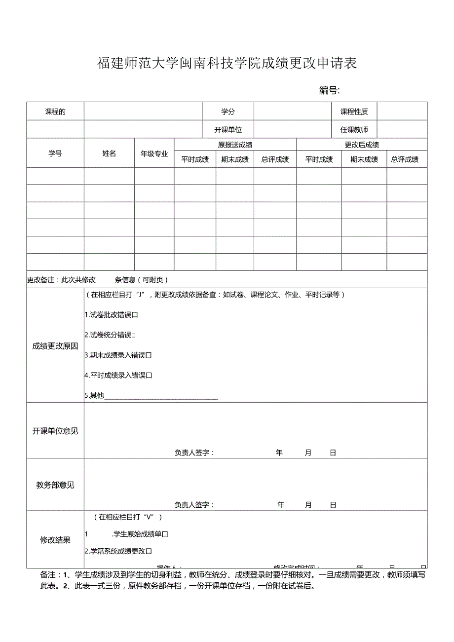 福建师范大学闽南科技学院成绩更改申请表.docx_第1页